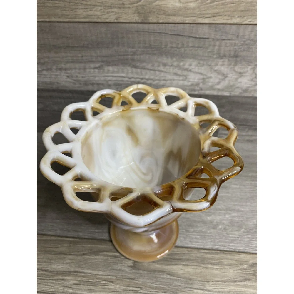 Vtg Laced Edge Imperial Slag Glass Caramel  Pedestal Candy Dish Planter USA